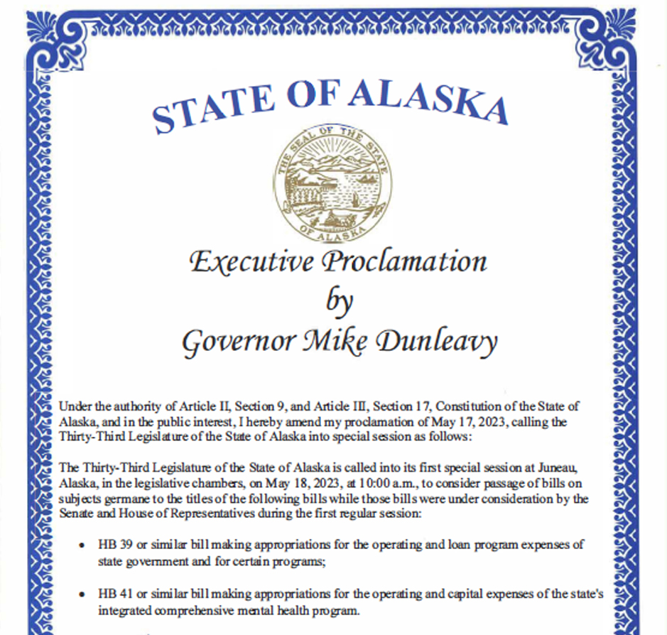 <a href="https://akleg.gov/docs/pdf/2023-Special-Session-Proclamation-02.pdf" target="_blank" style="font-weight:bold;color:blue;">Governor Dunleavy has amended the proclamation for  the 33rd Legislature special session.</a> Please view the proclamation under the Popular Column.